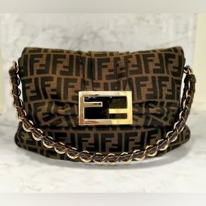 Authentic Fendi Baguette, Mia Zucca Shoulder Handbag With Gold Strap